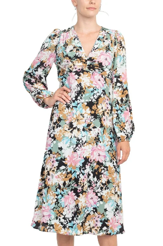 London Times V-Neck Bishop Long Sleeve Floral Print Zipper Back Crepe Dress