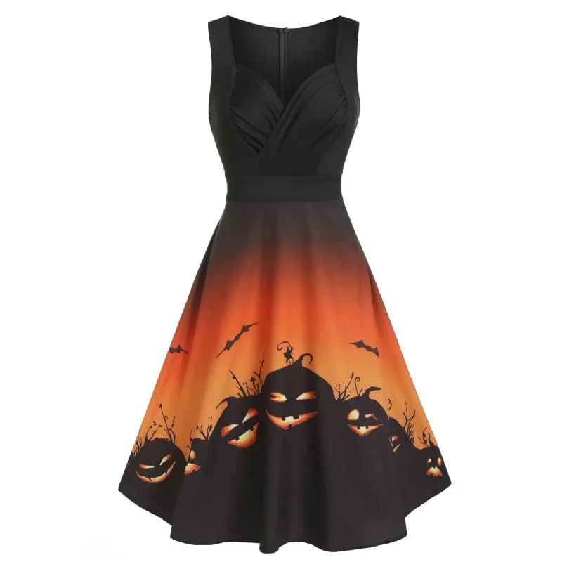 Pumpkin Print High Waist Sleeveless Back Zip Mid Calf Dress