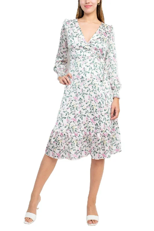 Sage Collective V-Neck Tie Side Long Sleeve Ruffled Cuff And Sleeve Floral Print Satin Dress