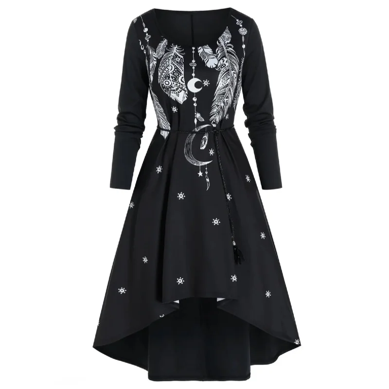 Vintage-Inspired Black Moon & Feather Print Dress With Rope Belt & Pockets