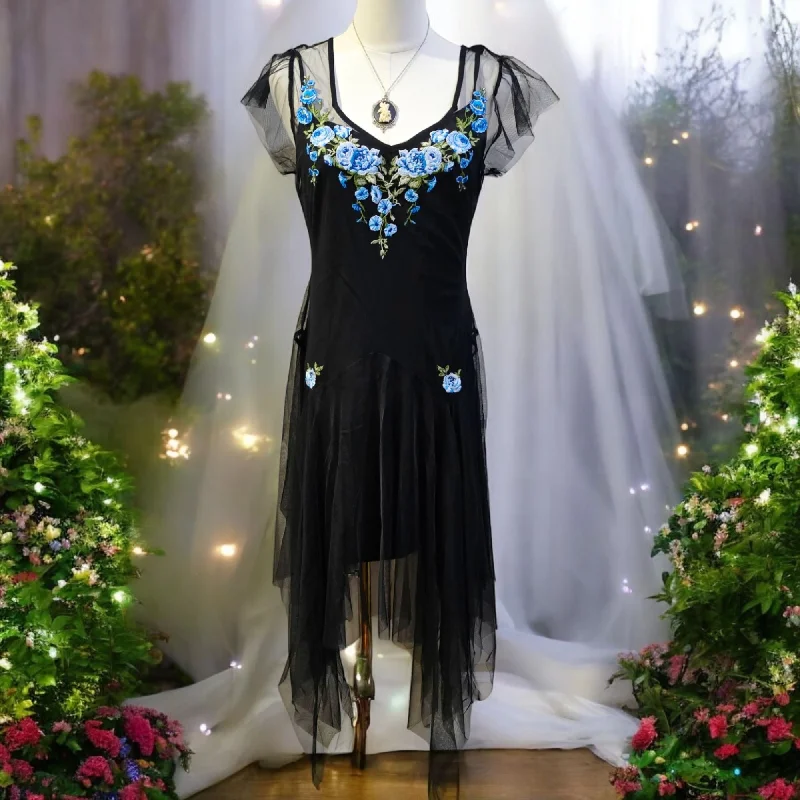 Black Fairycore Dress & Slip With Blue Floral Embroidery