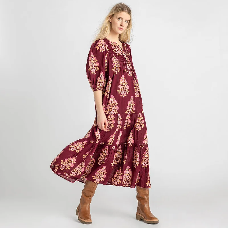 Womens Pintuck Indira Dress - Burgundy Bouquet Floral