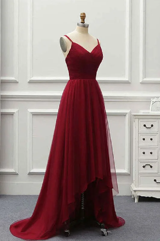 A Line High Low Tulle Prom Dress with Train, Burgundy V Neck Backless Formal Dress