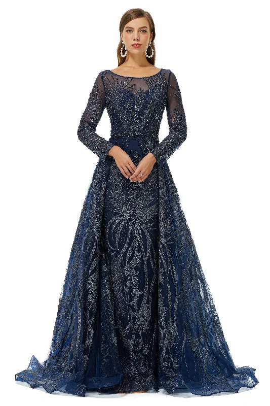 A-line Round Floor-length Long Sleeve Appliques Lace Beaded Corset Prom Dresses outfit