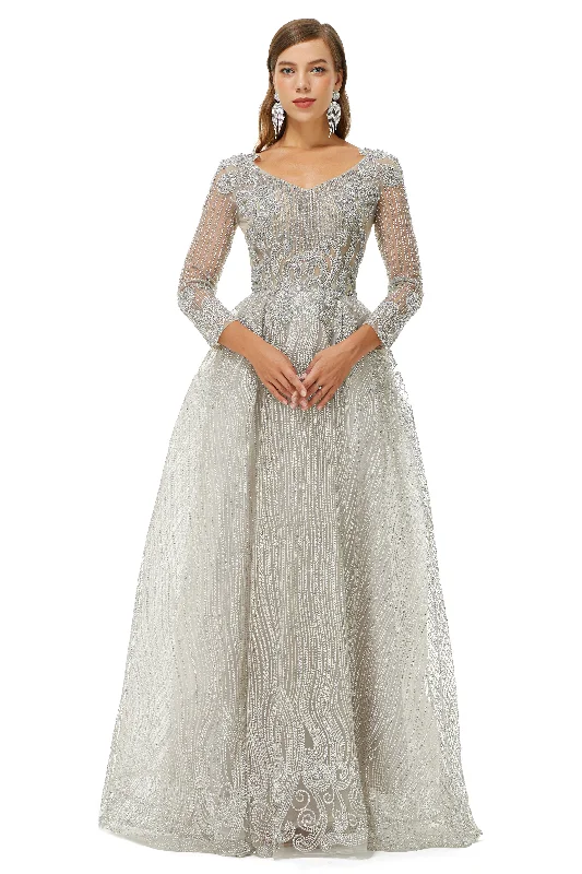 A-line V-neck Beading Floor-length Long Sleeve Open Back Lace Corset Prom Dresses outfit