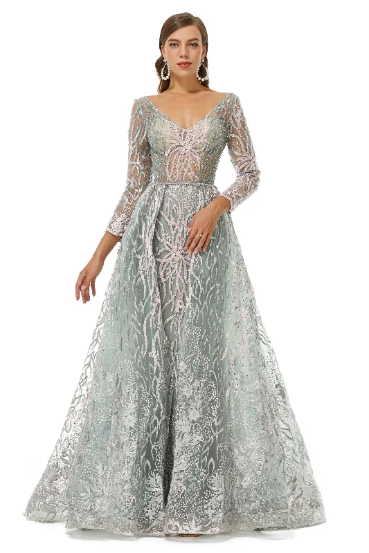 A-line V-neck Floor-length Long Sleeve Open Back Appliques Lace Corset Prom Dresses outfit