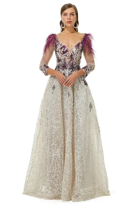 A-Line V-Neck Lace Floor-Length Long Sleeve Open Back Beading Corset Prom Dresses outfit