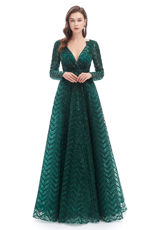 A-Line V Neck Long Sleeves Lace Long Corset Prom Dresses outfit