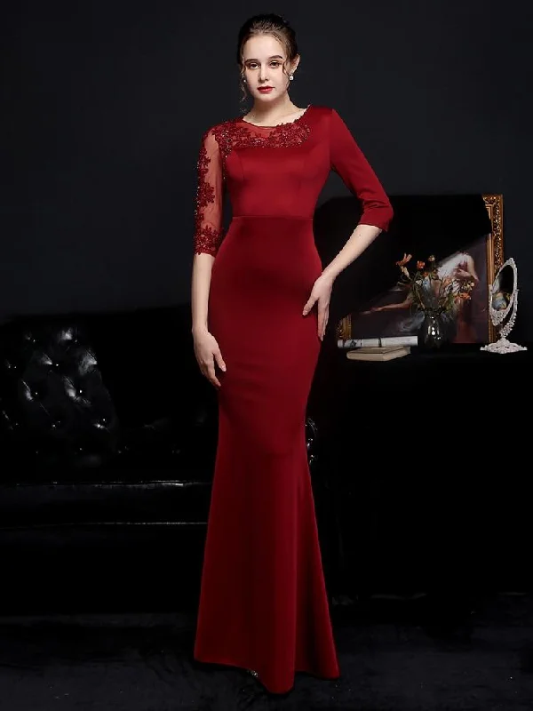 Elegant Burgund Appliques Beads Evening Dress See through Tulle Long Sleeve Dress