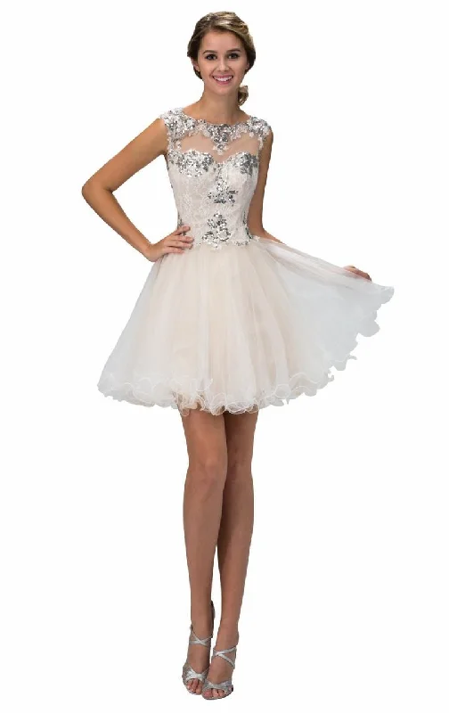 Elizabeth K GS2161- Open Back Lace Bodice Flared Tulle Short Dress