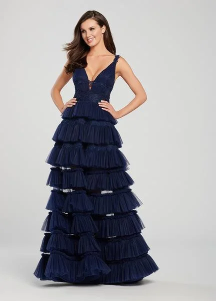 Ellie Wilde - Beaded Lace V-neck Tiered Ruched Tulle Gown EW119076