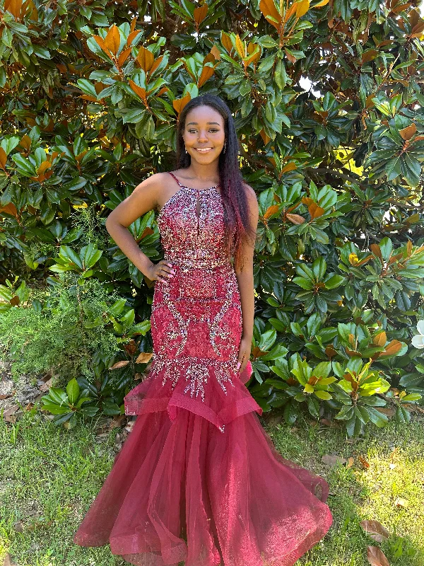 Lucci Lu 2134 Burgundy Lace Tulle Beaded Mermaid Dress - Size 4