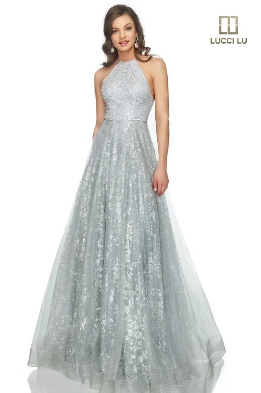 Lucci Lu 28801 Silver Halter A-Line Tulle Dress