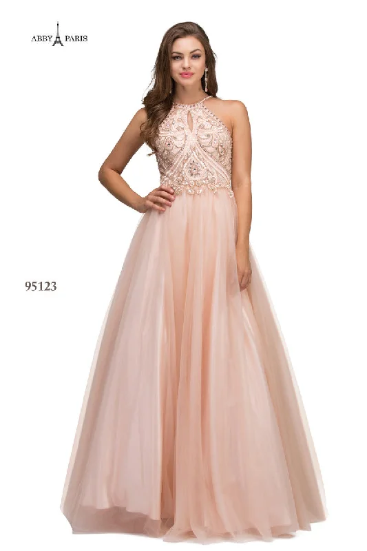 Lucci Lu 95123 Blush High Neck Beaded Tulle Ballgown