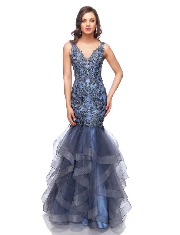 Lucci Lu 981008 Dusty Blue Beaded Tulle Mermaid Dress