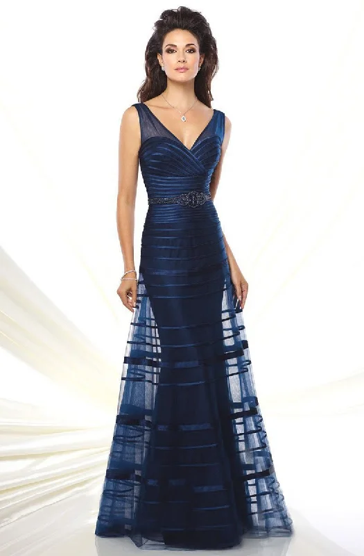 Mon Cheri - 116936SC V-Neck Tulle Striped Evening Gown