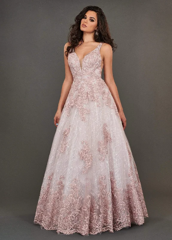 Rachel Allan Couture 8375 - Embroidered Deep V-neck Tulle Ballgown