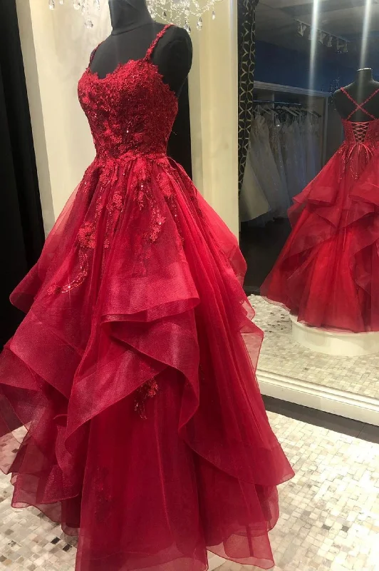 Red Lace Long Prom Dresses, Red Backless Formal Evening Dresses