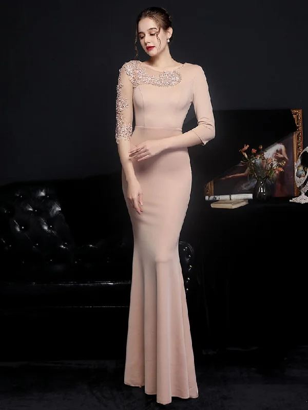 See through Tulle Long Sleeve Dress Champagne Appliques Beads Evening Dress