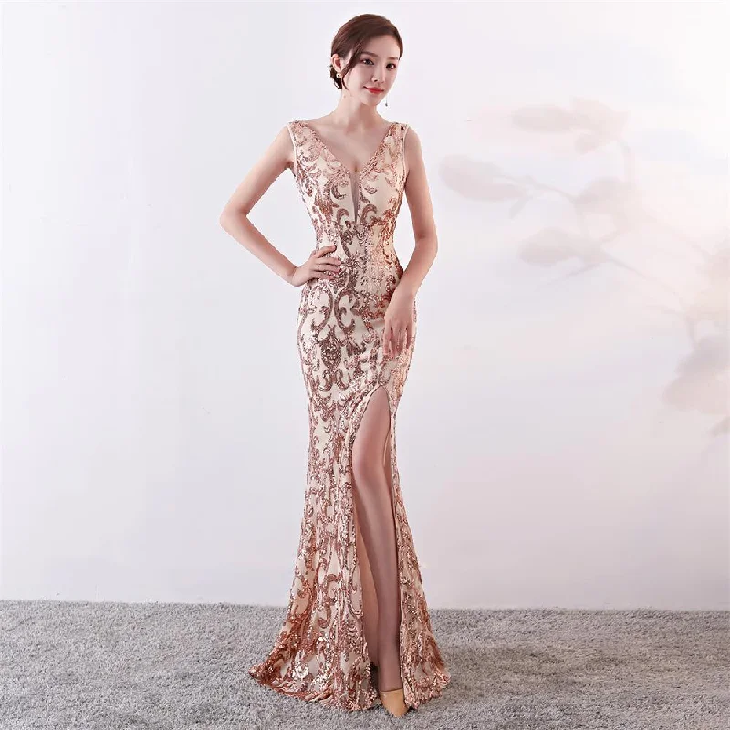 V-neck Backless Evening Dresses Embroidered Tulle Formal Dress Sexy High Split Women Formal Gown Gold Long Robe Sleeveless Dress