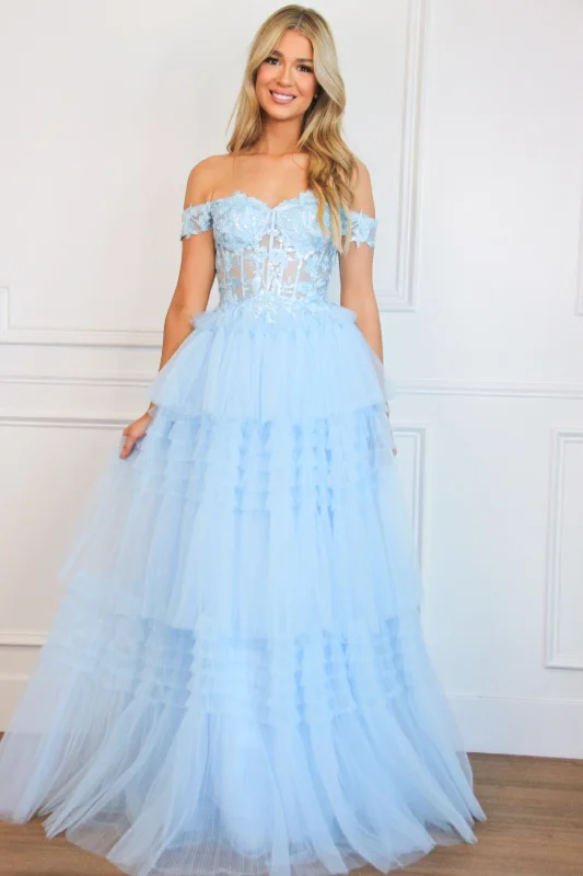 Vienna Sparkly Lace Bustier Tulle Ruffle Formal Dress: Light Blue