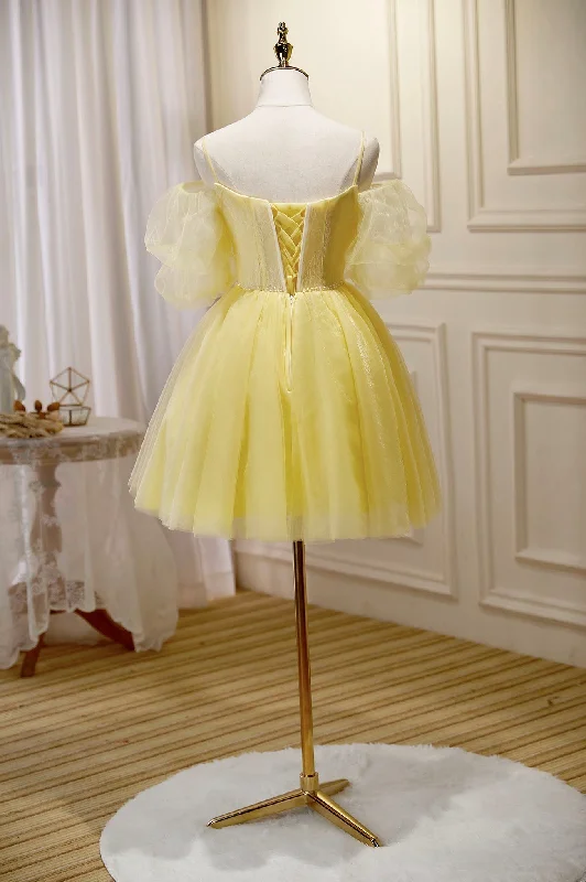 Yellow Lace Short Prom Dress, Off the Shoulder Homecoming Dress