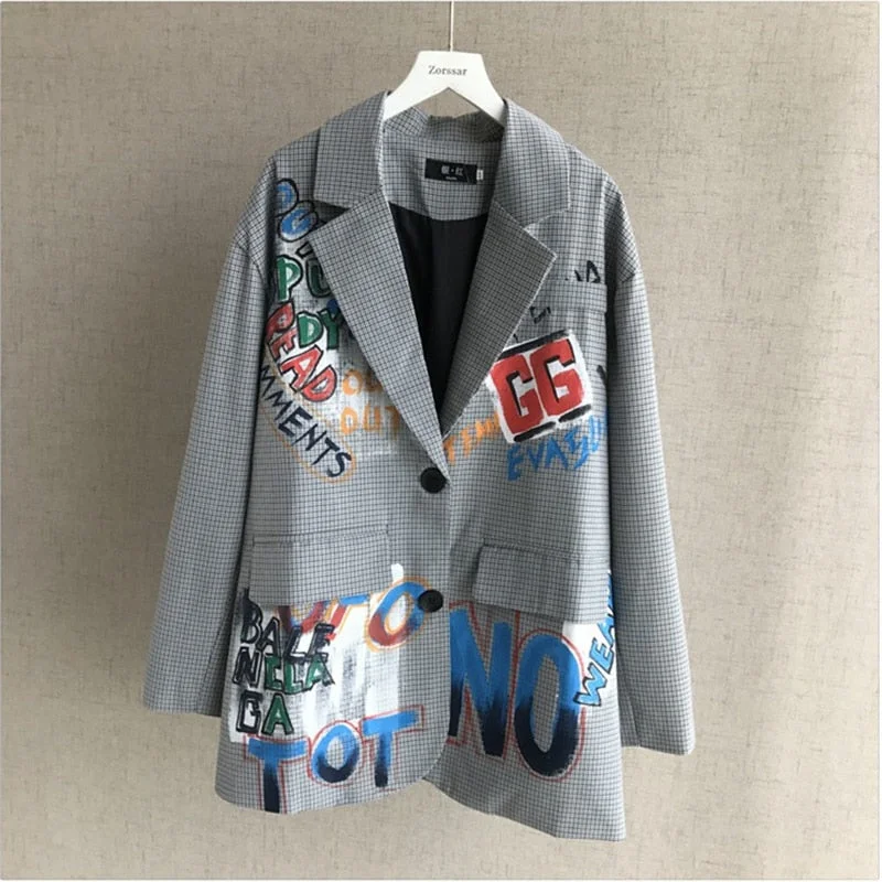 2022 Autumn British Style blazer women Casual Graffiti Letters Suit Jacket Women Long sleeve Loose Plaid Ladies Blazers G122