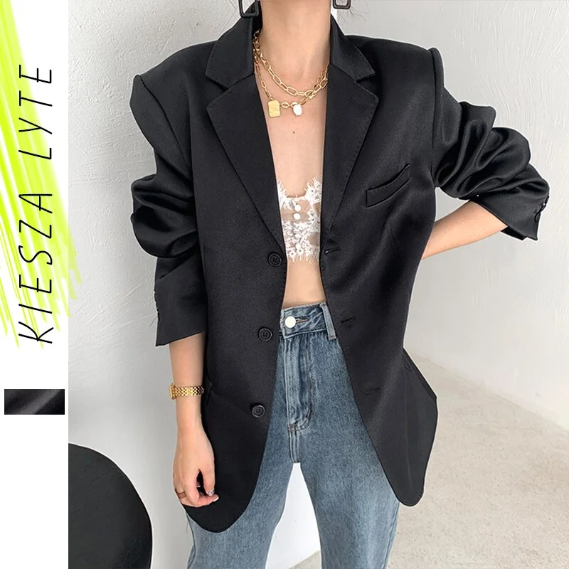 2022 Autumn women's outfit black satin blazer vintage solid   korean stylte casual loose suit jacket trend fashioin