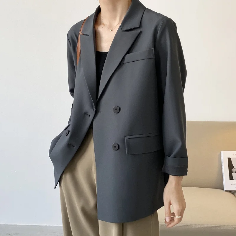 2022 Spring Basic Black Suit Jacket Women's Loose Long Sleeve Casual Oversized Blazer Suit Top V-neck Double Breasted Cardigan