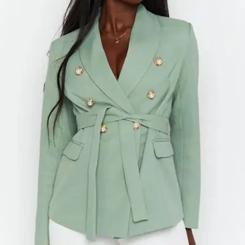 2022 Women's Blazer Single-breasted  Jacket 2022 Office Ladies Suit Collar Green Casual Pocket Women's Sashes Blazers OL