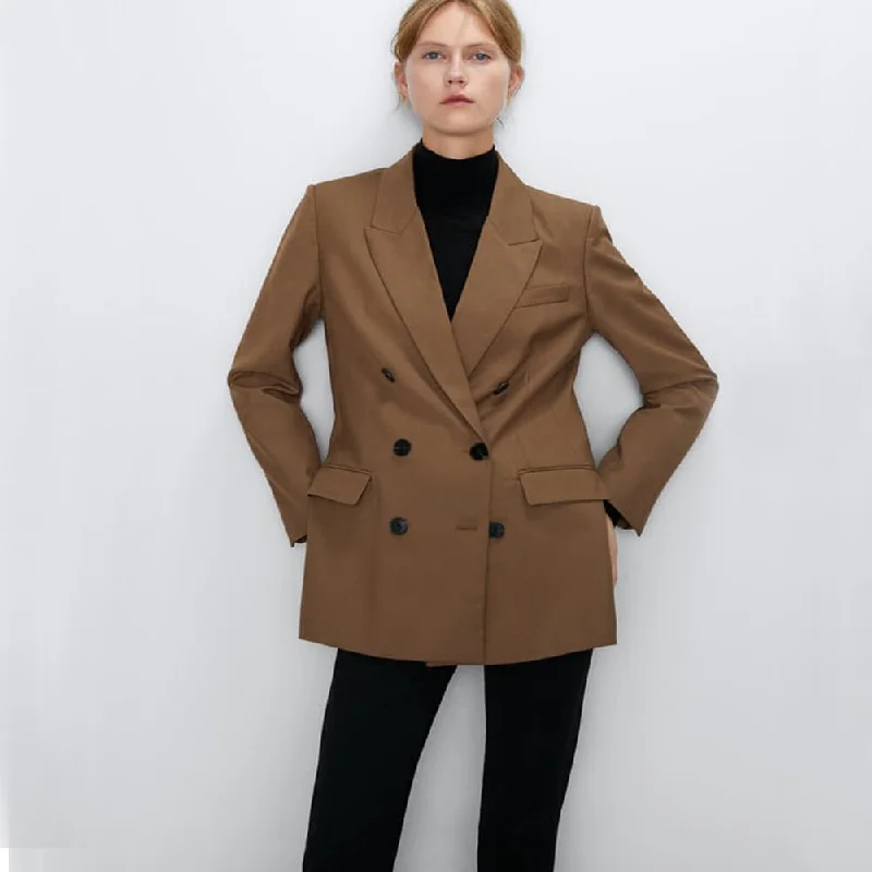 2022 ZA Brown Double Breasted Blazer For Women Brand Autumn  Long Sleeve Pockets Coats Office Wear Casual Tops Coat Jackets