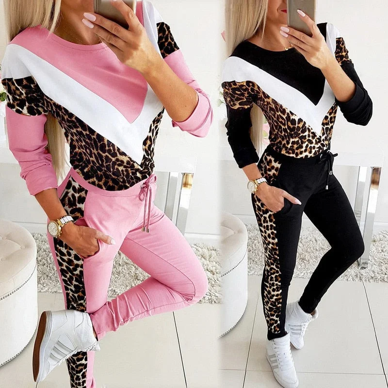 2023 joggers women set Tracksuits Women Two Piece Set Leopard stitching t-shirt Tops and Jogger Set Suits Casual 2pcs Outfits Formal Shirt Gown