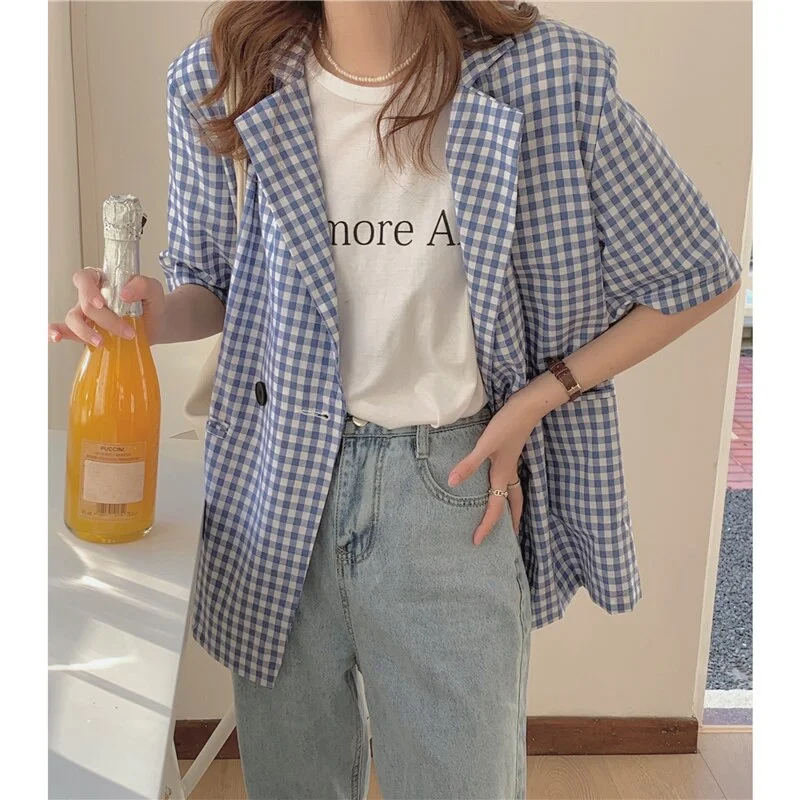 2Colors korean style breif Short sleeve Plaid blazer womens 2022 Summer Loose jacket and coats casual blazer womens (k8183)