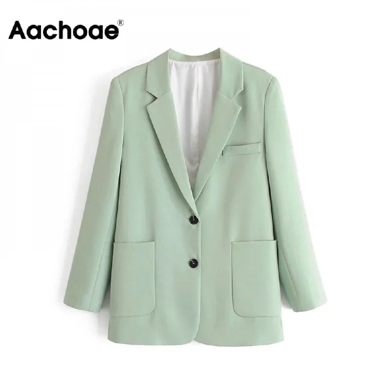 Aachoae Green Color Casual Blazer Women Big Pockets Long Sleeve Jacket Female Notched Collar Office Wear Blazer Ropa De Mujer