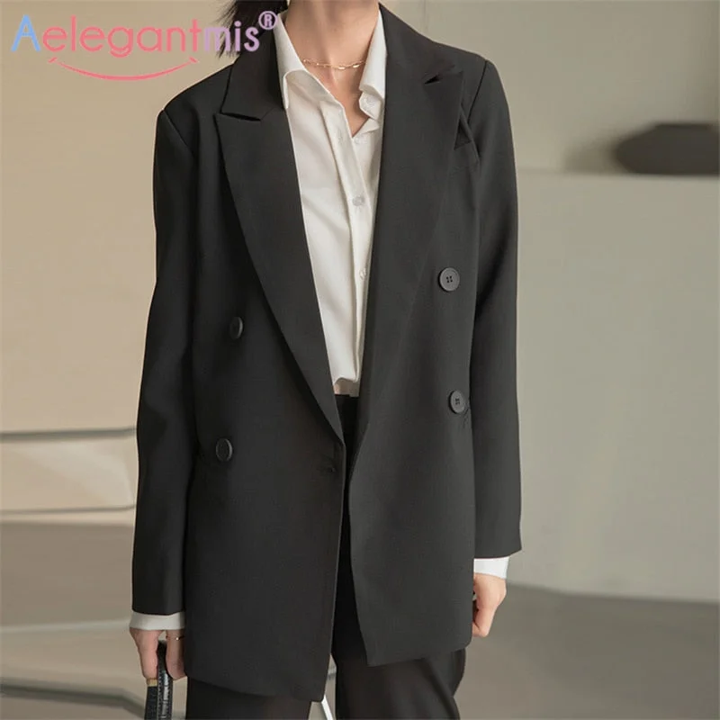 Aelegantmis Elegant Classic Office Lady Black Blazer Women Spring 2022 Button Chic Casual OL Female Solid Blazer Jacket Suit New