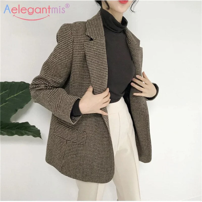 Aelegantmis Korean Casual Vintage Houndstooth Blazer Coat Women Office Lady Blazer Jacket Female Warm Retro Outwear Business OL