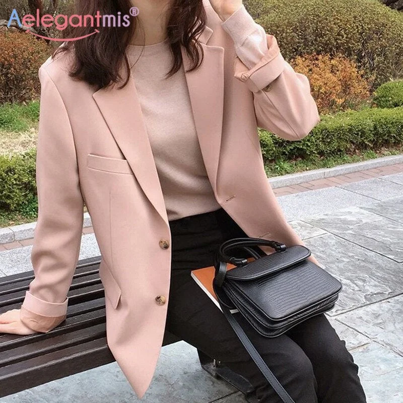 Aelegantmis Pink Women Casual Blazer Jacket Autumn Office Lady Long Sleeve Work Suit Coat Basic Pocket Coats Ladies Outerwear