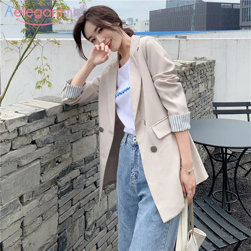 Aelegantmis Spring Autumn Chic Women Blazer Casual Double Breasted Notched Jackets Ladies England Style Outerwear Suits