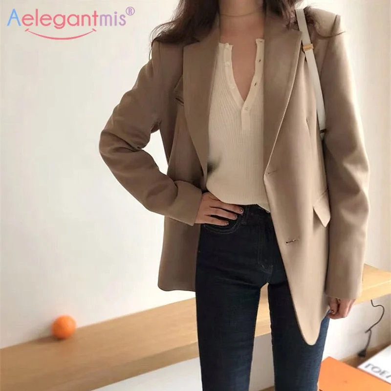 Aelegantmis Spring Blazer Jacket Women Casual Pockets Long Sleeve Work Suit Coat Office Lady Solid Slim Blazers 2022