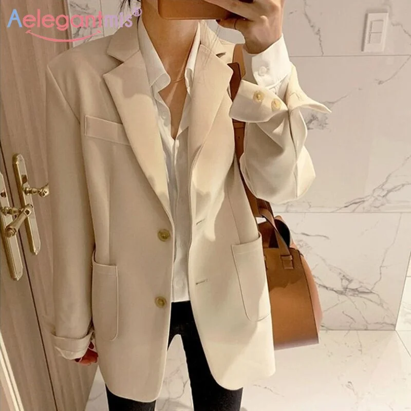 Aelegantmis Women Solid Color Single Breasted Casual Blazers Jackets Office Lady Work Suit Coat Ladies Basic Pocket Outerwear