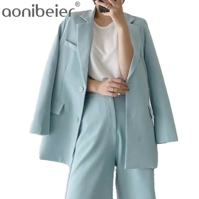 Aonibeier Women Blue Lila Blazers and Jackets Work Office Lady Suit Autumn Loose Single Breasted Casual Solid Female Blazer Coat