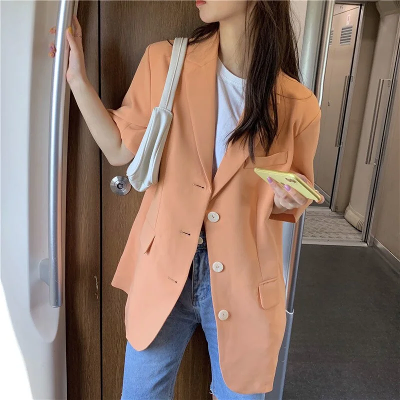 Bella 2022 Orange Solid Short Sleeve Blazer Jackets Thin Femme Casual Elegant Vintage OL Outwears All Match Coats Retro Tops