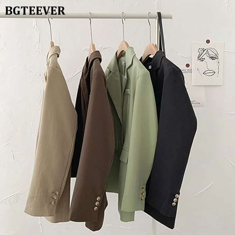 BGTEEVER Casual Basic Notched Collar Solid Suit Jackets Female Single-breasted Loose Women Blazer Autumn Winter Outwear 2022