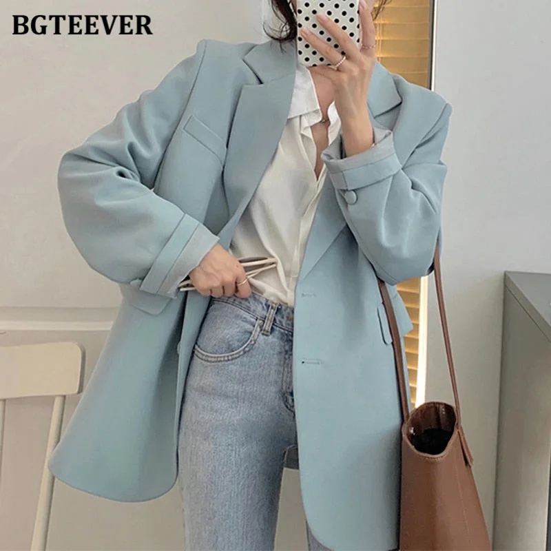 BGTEEVER Spring Autumn Loose  Women Jacket Blazer Casual Notched Collar Long Sleeve Female Jackets 2022 Ladies Suit Coats