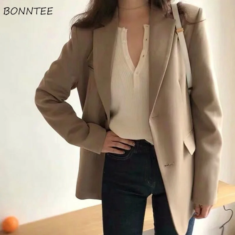 Blazers Womens Solid Single Breasted Ladies Pockets Korean Style Slim Casual Elegant Chic Female Jackets Newest Spring