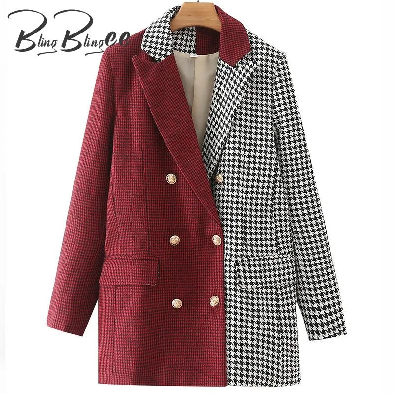 BlingBlingee Black Red Patchwork Houndstooth Casual Blazers 2022 Autumn Winter Double Breasted Women Straight Jacket Female Coat