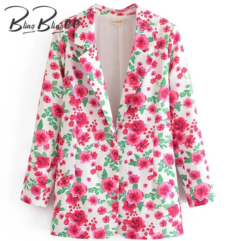 BlingBlingee Floral Print Casual Blazers Spring Summer Long Sleeve Single Breasted Women Suit Jackets Female Tops