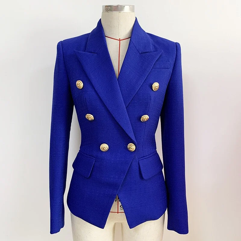 Blue Cotton Linen Blazer Women Casual Classic Green Women's Blazers with Gold Double-breasted Button Slim Suit Jackets Autumn