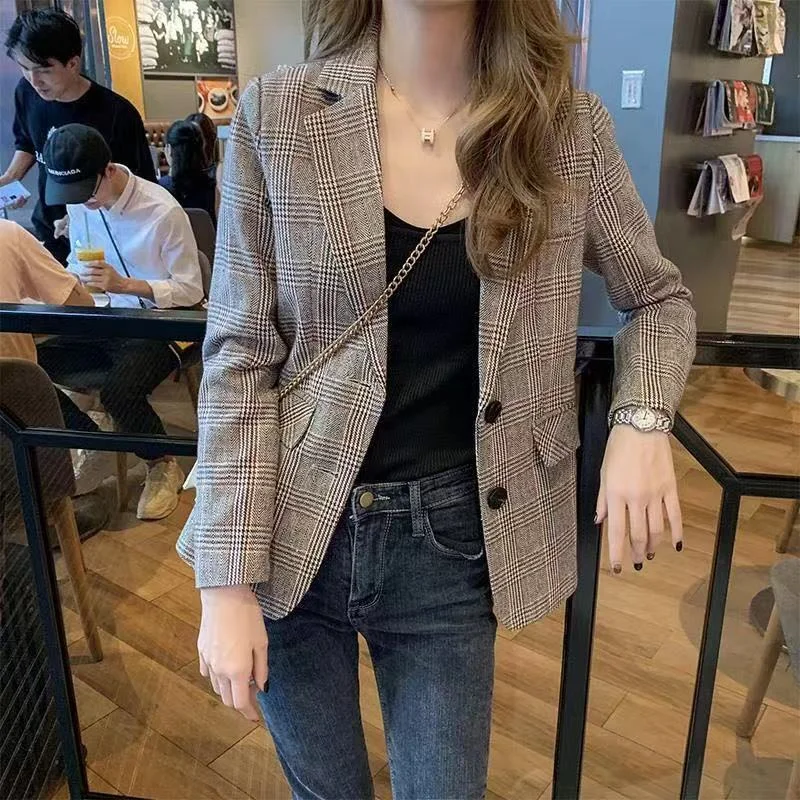 Chic Plaid Blazer Student Casual Office Blazer Korean Simple All-Match Jacket Temperament Coats Spring Autumn Thin Suit