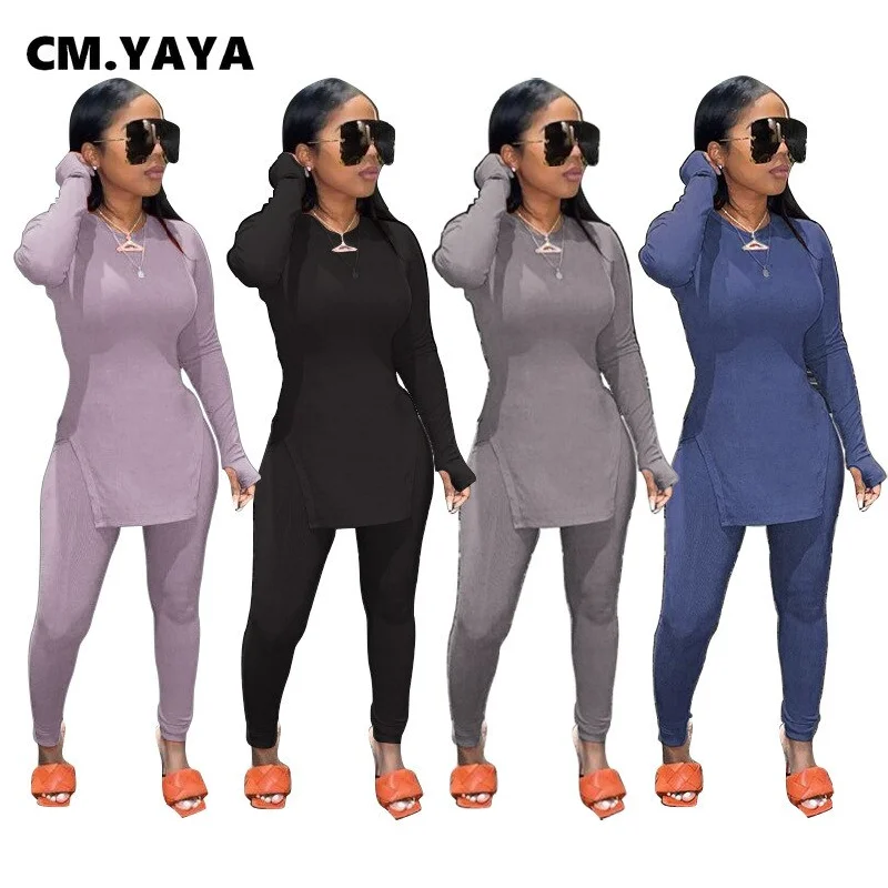 CM.YAYA Solid Full Sleeve Tshirt Side Split and Full Length Skinny Pant 2 Piece Set Women Spring Fall Casual Two Piece Outfits Elegant Shirt Gown